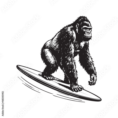 Detailed Engraving Style Illustration of gorilla surfing with Classic Lines
