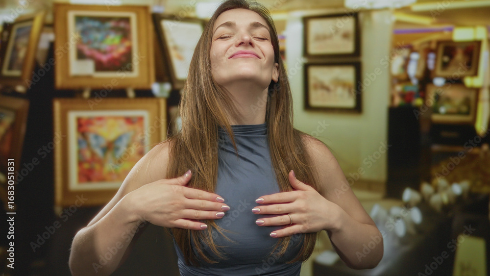 Fototapeta premium Woman smiles with closed eyes and moves hands before colorful paintings in a building; serenity and wonder.
