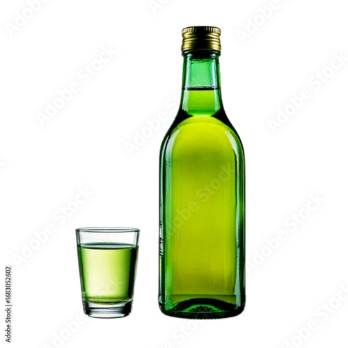 Green Bottle Soju with Glass, Front View, Isolated.