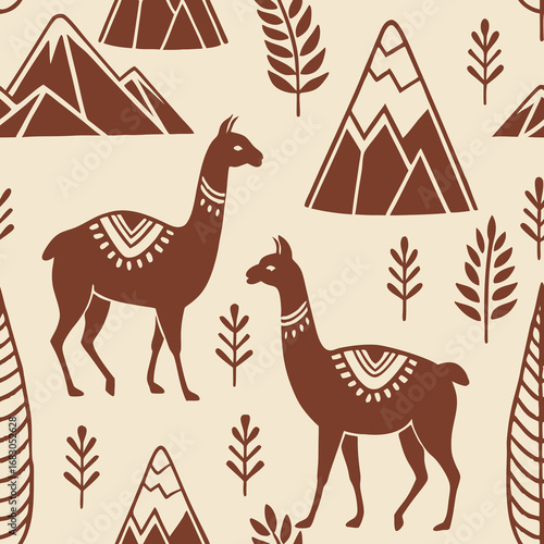 Llama pattern illustration with mountains and trees in earth tones  