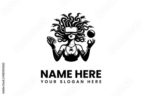 Medusa with VR Headset Snake Hair Spider Necklace Holding Orb and Ring.