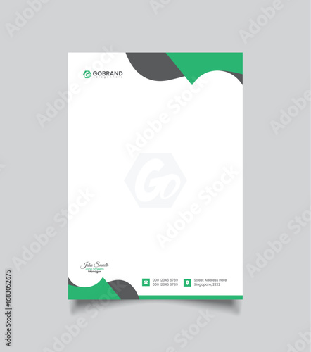 Modern professional letterhead design with abstract green and black curved graphic elements