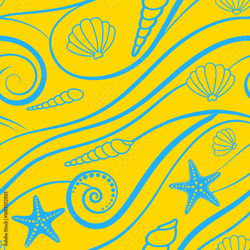 Abstract beach pattern with seashells and starfish in yellow  