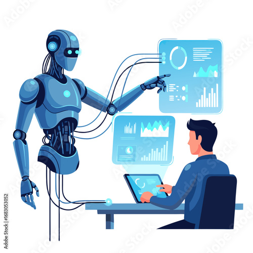 A man and a futuristic robot work together on a data analysis and software development project