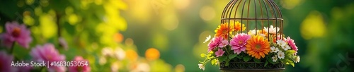 A vibrant summer scene featuring a birdcage overflowing with colorful flowers and lush greenery, bathed in warm sunlight , still life, day