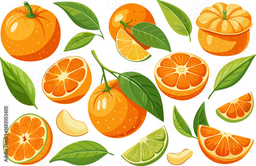 Fresh orange. Big vector collection of fresh oranges. Orange fruit isolated on white background.
