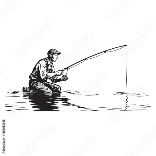 Engraved Illustration of man fishing on lake with Detailed Line Work on White Background