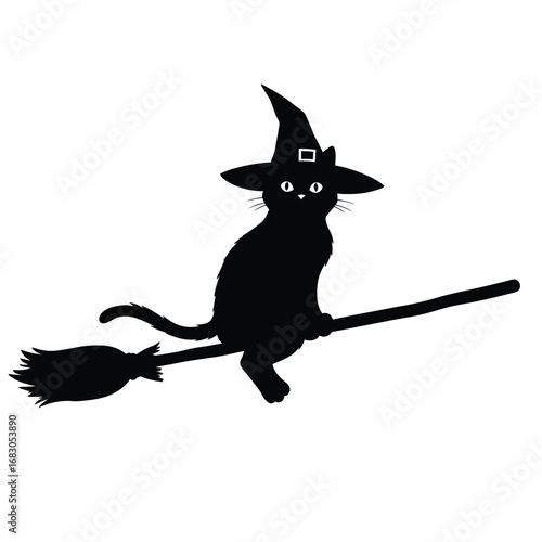 Black cat witch hat broomstick flight vector