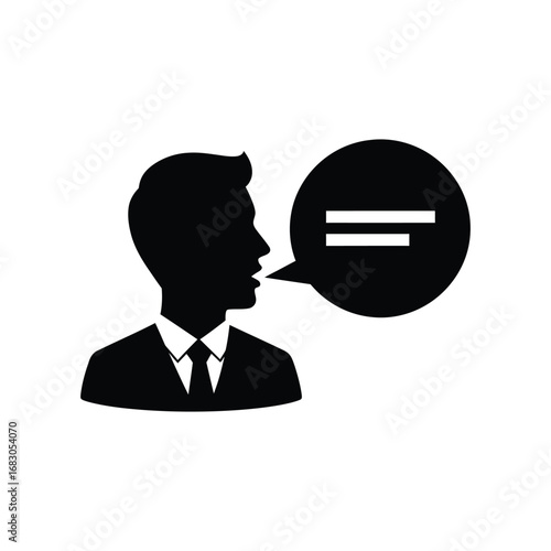 Minimalist black icon of a businessman speaking with a speech bubble. A simple vector symbol for communication, conversation, and public address