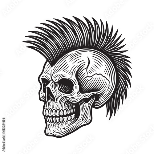 skull with punk hairstyle Hand drawn vintage vector. Black and white.