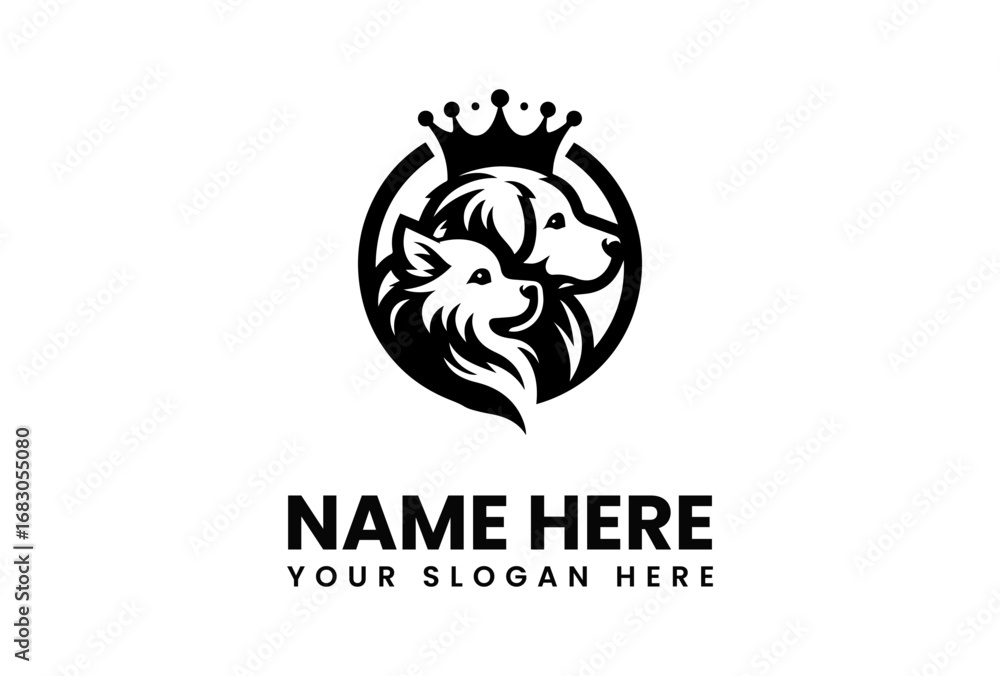 Regal Canine Duo Crowned Dog and Puppy in Elegant Silhouette Emblem.