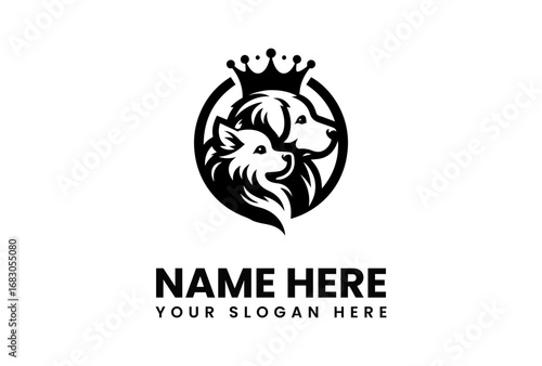 Regal Canine Duo Crowned Dog and Puppy in Elegant Silhouette Emblem.