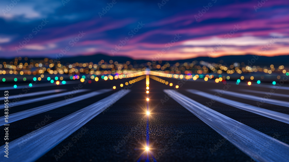 Fototapeta premium Low-angle shot of illuminated taxiway edge light against dusk sky, bold runway markings stretching forward, sleek airplane in background piloted by female captain preparing for tak