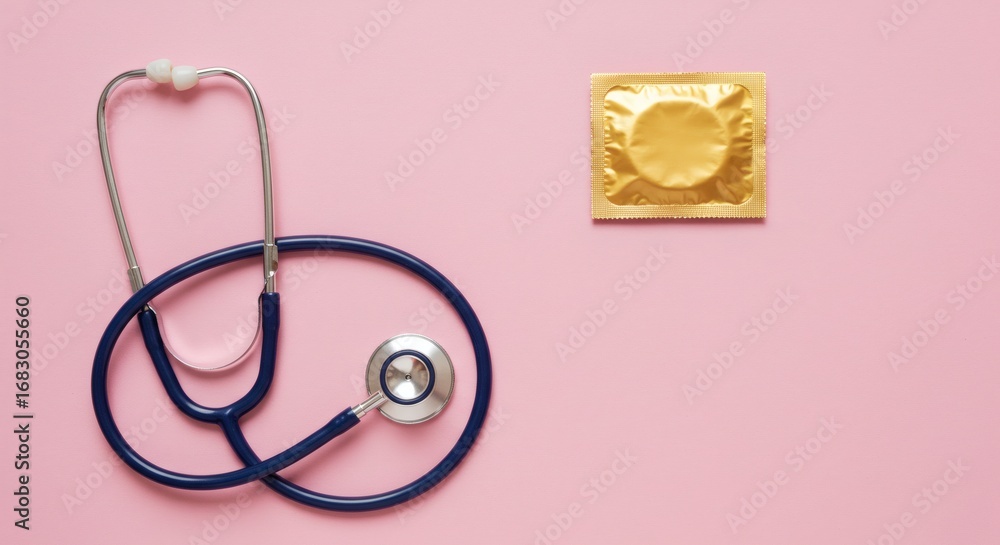 Fototapeta premium Stethoscope Condom Sexual Health Checkup on Pink.