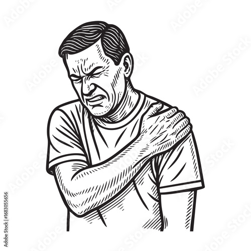 man painfully holding shoulder	engraving black and white outline