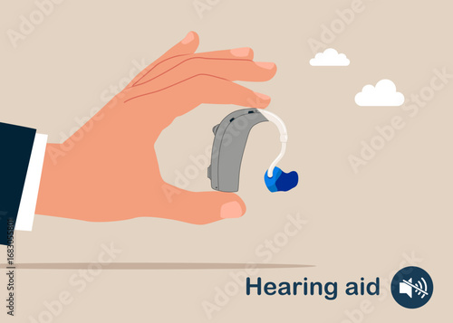 Hand holding hearing aid. World Deaf Day in last Sunday of September. Cochlear implant device electrically stimulates nerve medical aid ear sound wave adults hard middle exam. Vector illustraton