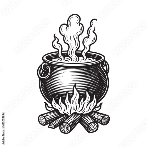 cooking on cauldron draft silhouette drawing, black on white line art.