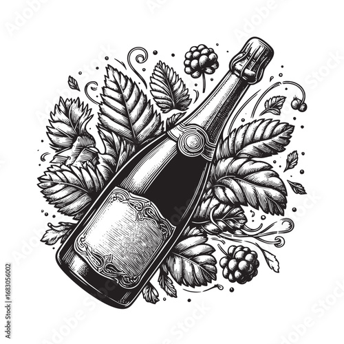 Detailed Black and White Drawing of champagne bottle black on white line art.