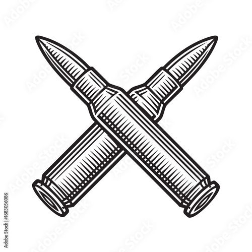 Intricate engraved illustration of	two bullets crossed	black on white line art.