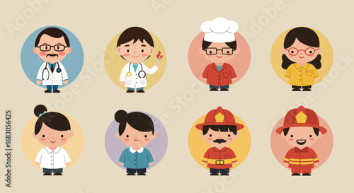 Cute cartoon icons of diverse professions for educational or children's content.