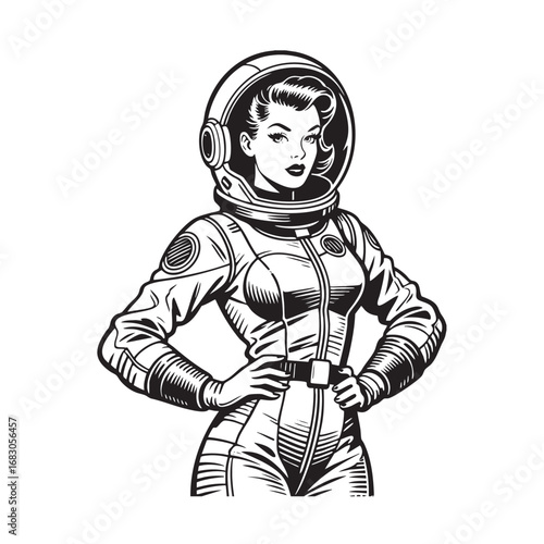 Black and white pinup woman wear astronaut suit illustration silhouette