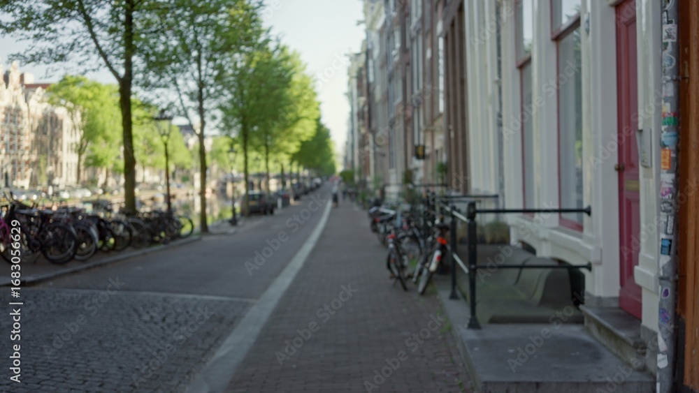 Obraz premium Blurred view of a european city street lined with bicycles and trees, showcasing a bokeh effect and highlighting urban architecture with a distant horizon.