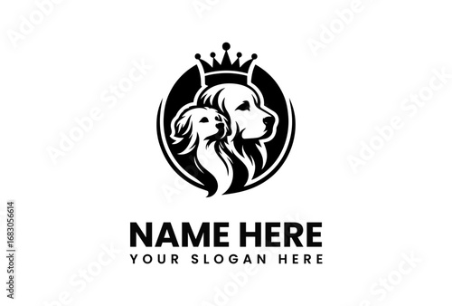 Regal Dog Logo Featuring Two Pups with Crown and Oval Frame.