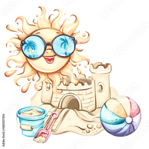 Bright summer fun with a cheerful sun, sandcastle, beach ball, and bucket, evoking joyful memories of vacations by the sea and playful moments under the sun
