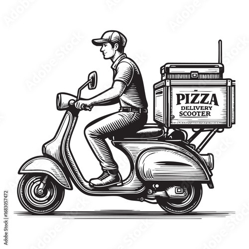 Antique engraved illustration from pizza delivery with scooter	engraving vector illustration.