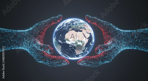 Digital hands cradling planet earth with 'AI' text on it. Concept of artificial intelligence impact on global technology and future.