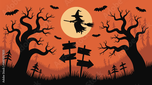 Halloween night scene with witch flying on broomstick in front of moon and spooky trees landscape