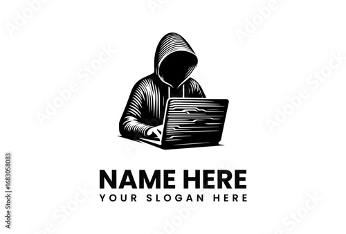 Silhouette Hacker with Hood Working on Laptop Ready to Hack.