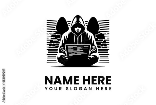 Silhouette of hooded hacker with laptop flanked by anonymous figures and circuit board lines.