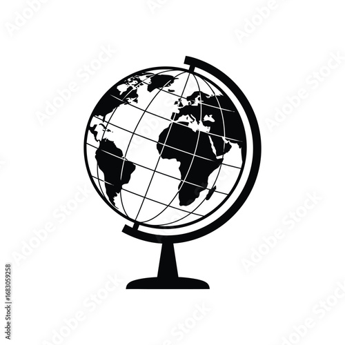 Black and white illustration of a globe on a stand