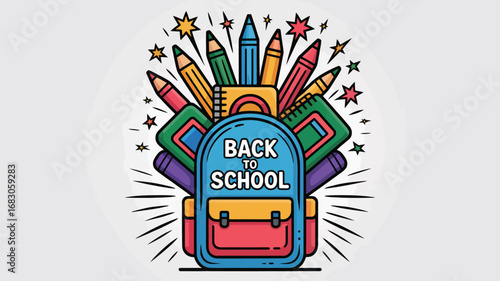 A colorful back to school illustration featuring a backpack, pencils, notebooks, and decorative stars around it