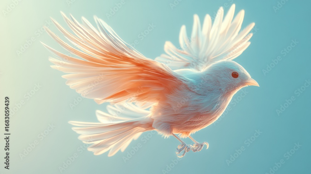 Fototapeta premium White bird in flight against pale sky; beautiful image for nature or peace themes