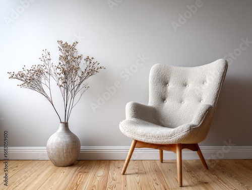 A light beige armchair sits beside a vase of dried flowers against a neutral wall, creating a peaceful and inviting interior scene.