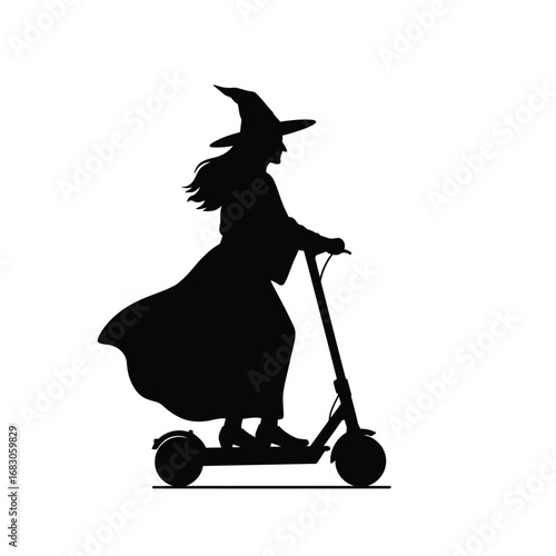 Witch riding electric scooter silhouette halloween