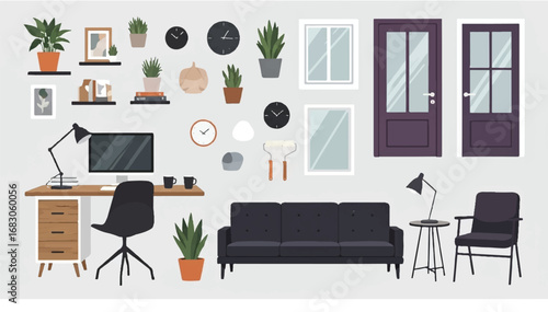 Living room modern interior, home or office creation kit, lounge set with furniture, different constructor elements to build own design. Cartoon flat style infographic illustration with color palette