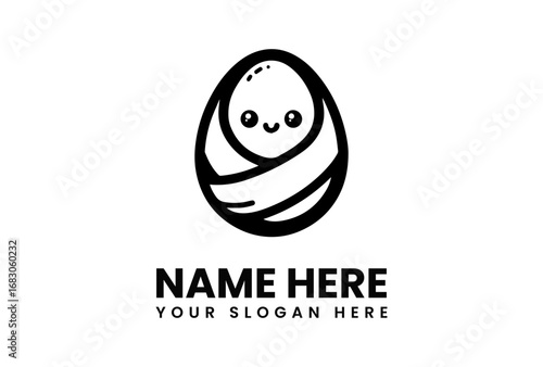 Stylized Baby in Swaddling Clothes with Smiling Face in Black and White.