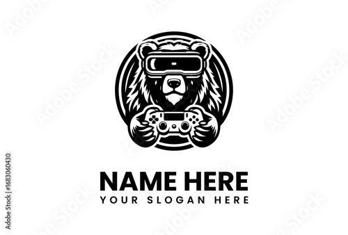 Stylized Bear Gamer Logo with VR Headset and Controller in Black and White.