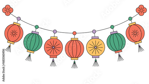A string of colorful chinese lanterns and decorative flowers hanging against a white background design art