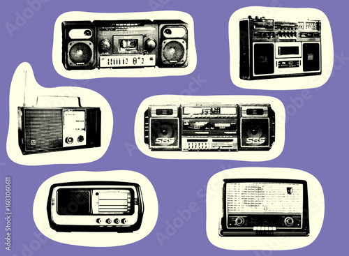 Vintage Radios and Cassette Players Vector Illustration, Black and White Halftone Design