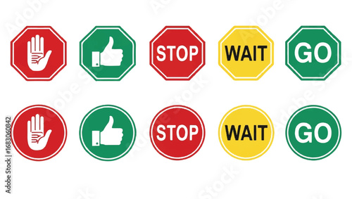 Stop, Wait, Go Traffic Sign Set | Red Stop Sign with Hand, Green Go Sign with Thumbs Up, Yellow Wait Sign | Safety and Guidance Signs for Print and Web