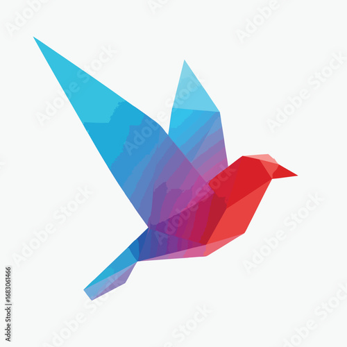 A colorful lowpoly geometric bird in flight with a vibrant blue and red gradient.