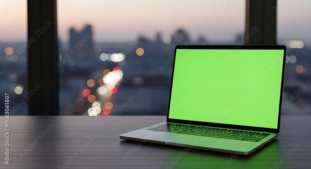 Fototapeta premium Laptop with Green Screen Display on Desk Overlooking Blurred City Lights at Dusk