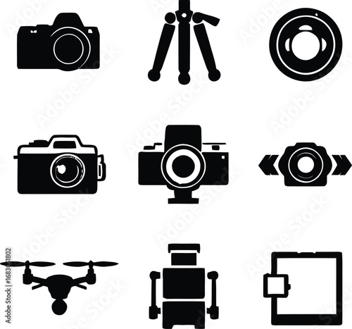 Camera photography equipment vector icons set dslr tripod drone tablet lens robot illustration 100