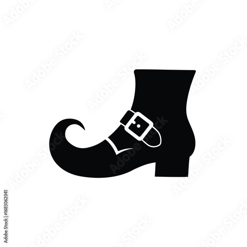 Black witch shoe with buckle and curled toe icon vector