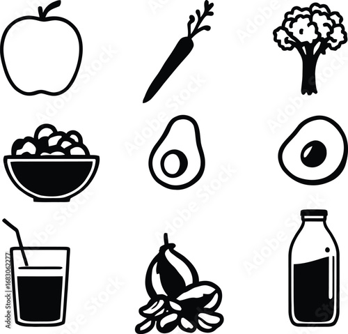 Healthy eating vector icons set of fruits vegetables juice and milk for diet and nutrition concept art