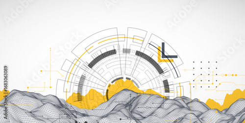 Abstract data background with wireframe wave and circuit lines. Technology concept. Vector